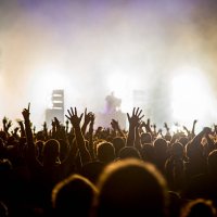 fans with raised arms at music festival - concert stock pictures, royalty-free photos & images