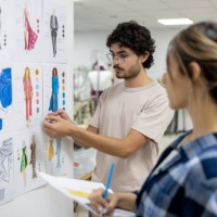 fashion design student explaining his designs to his teacher - fashion stock pictures, royalty-free photos & images