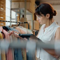 fashion designer, tablet and woman with clothes for stock check, inventory or planning in creative startup. technology, tailor and person at rack in boutique for textile, serious or small business - fashion stock pictures, ro