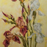 fashionable spring illustration allegory modern artwork impressionism my original oil painting on canvas impressionism vertical shaped symbolic landscape blooming white and red irises in the rays of sunlight - garden decorati