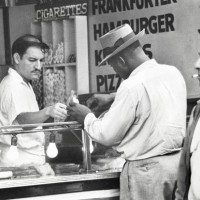 Fast Food Restaurant sidewalk Counter, New York City, New York, USA, Angelo Rizzuto, Anthony Angel Collection, August 1953.