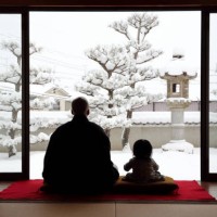 father and baby looking at snowy garden - garden decoration photos et images de collection