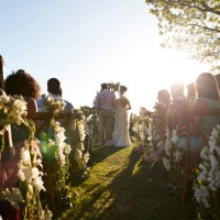 father and bride standing at wedding altar near guests - garden decoration stock pictures, royalty-free photos & images