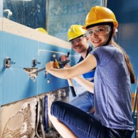 father and daughter doing some home demolition - renovation - home decoration stock pictures, royalty-free photos & images