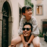 father and young daughter having fun in viterbo, italy - travel stock pictures, royalty-free photos & images