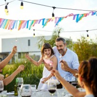 father celebrating birthday of daughter in yard - garden decoration stock pictures, royalty-free photos & images