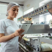 female baker with digital tablet in the bakery - food stockfoto's en -beelden