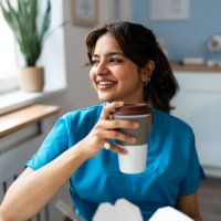 female doctor indian ethnicity in blue medical scrubs having a lunch break at the ordination - junk food stock pictures, royalty-free photos & images