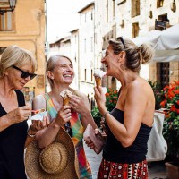 female friends enjoying italian ice-cream - food stock pictures, royalty-free photos & images