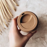 female hand holding an eco glass next to a dried leaf - junk food stock pictures, royalty-free photos & images