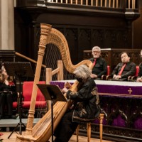 female harpist playing with church choir at concert - concert stock pictures, royalty-free photos & images
