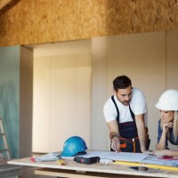 female inspector and manual worker reading housing plans at construction site. - home decoration stockfoto's en -beelden