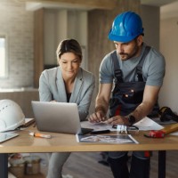 female inspector and manual worker using laptop at renovating house. - home decoration stock pictures, royalty-free photos & images