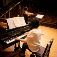 female pianist playing the piano at classical concert with violinist - concert stock pictures, royalty-free photos & images