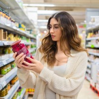 female professional studying product label, wearing eyeglasses in grocery store aisle, surrounded by packaged foods, comparing nutritional details - food stock pictures, royalty-free photos & images