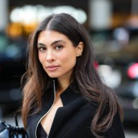 Fernanda Millan wears black oversized half unzipped sweater, outside Calvin Klein, during the New York Fashion week Fall/Winter 2025 on February 7,...