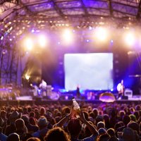 festival crowd in front of stage - concert stock pictures, royalty-free photos & images