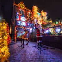 festive christmas decorated houses illuminated at night in brooklyn, new york - garden decoration stock pictures, royalty-free photos & images