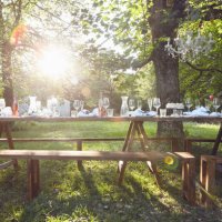 festive decorated table outdoors - garden decoration stock pictures, royalty-free photos & images