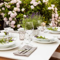 festive laid table in the garden - garden decoration stock pictures, royalty-free photos & images