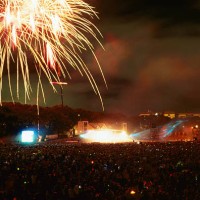 fireworks over auckland domain's concert crowd. - concert stock pictures, royalty-free photos & images
