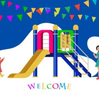 first day of kindergarten,happy children together.vector illustration of the cute girls playing with children slide palyground.back to school. - garden decoration stock illustrations