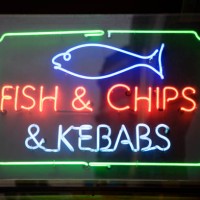fish and chip shop sign - junk food stock pictures, royalty-free photos & images
