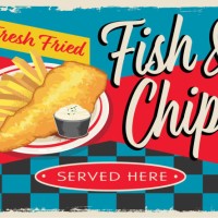 fish and chips retro vintage diner sign design concept - junk food stock illustrations