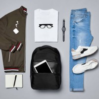 flat lay of traveler's clothes and accessories - fashion stock pictures, royalty-free photos & images