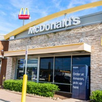 Flat Rock, North Carolina, McDonald's fast food restaurant with Amazon order drobox pick-up locker out front.