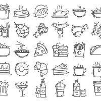 food and drink related objects and elements. hand drawn vector doodle illustration collection. hand drawn icons set. - food stock illustrations