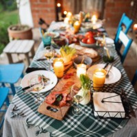 food and drinks on the dining table, at the front or back yard, during summer party - garden decoration stock pictures, royalty-free photos & images