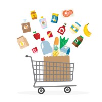 food and grocery rising inflation prices concept grocery cart and food going upward on white background - food stock illustrations