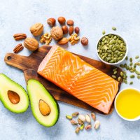 food with high content of healthy fats. overhead view. - food stock pictures, royalty-free photos & images
