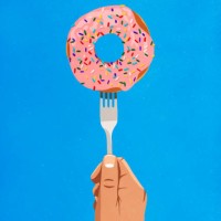 fork piercing donut with sprinkles - junk food stock illustrations
