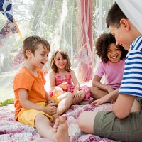 four friends in summer netting tent - garden decoration stock pictures, royalty-free photos & images