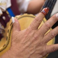 Frank Rodriguez protects his fingernails with fake nails to play the vihuela, a five string guitar. Rodriguez is a member of Mariachi Sol De Mi...