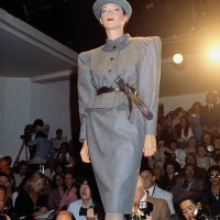 French designer Pierre Cardin shows his 1979-1980 fall-winter women's haute couture collection in Paris. The model is wearing a structured grey...