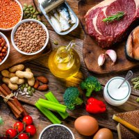 fresh healthy organic food for balanced diet on wooden table - food stock pictures, royalty-free photos & images