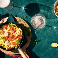 fresh pasta with tomatoes and scallop - food stock pictures, royalty-free photos & images