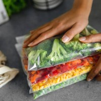 fresh ripe vegetables in plastic bags - food stock pictures, royalty-free photos & images