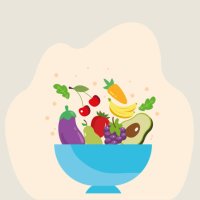 fresh summer fruits and vegetables of greens, berries and vegetables sprinkled in a deep plate. . vector realistic illustration isolated on white and pink background. illustration of ripe vegetables and sweet fruits on a blue