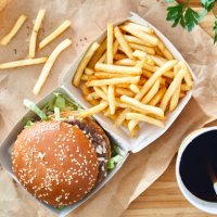 fresh tasty hamburger with french fries - junk food stock pictures, royalty-free photos & images