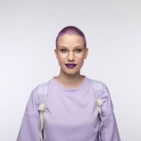 friendly female student with short purple hair - fashion stock pictures, royalty-free photos & images
