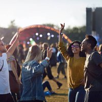 friends dancing at festival with arms in air - concert stock pictures, royalty-free photos & images