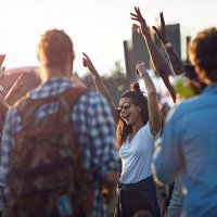 friends dancing together at festival concert - concert stock pictures, royalty-free photos & images