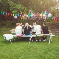 friends enjoying at garden party in back yard - garden decoration stock pictures, royalty-free photos & images