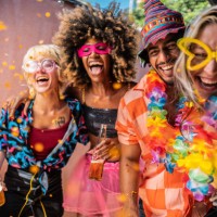 friends enjoying carnival at home - garden decoration stock pictures, royalty-free photos & images