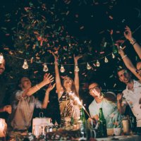 friends having fun at birthday party - garden decoration stock pictures, royalty-free photos & images