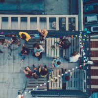 friends listening to a music band on the rooftop - concert stock pictures, royalty-free photos & images